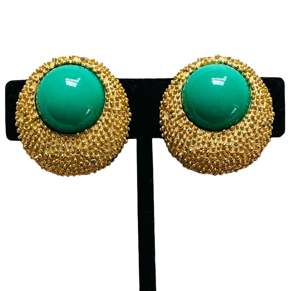Trifari Jewelry - Vintage Crown Trifari Textured Goldtone Clip Earrings With Green Lucite Stones